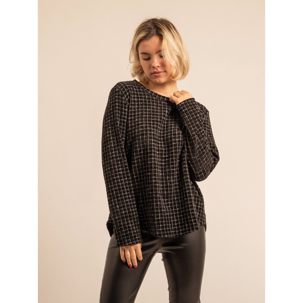 Top Col Rond à Carreaux Florette noir, DONA LISA