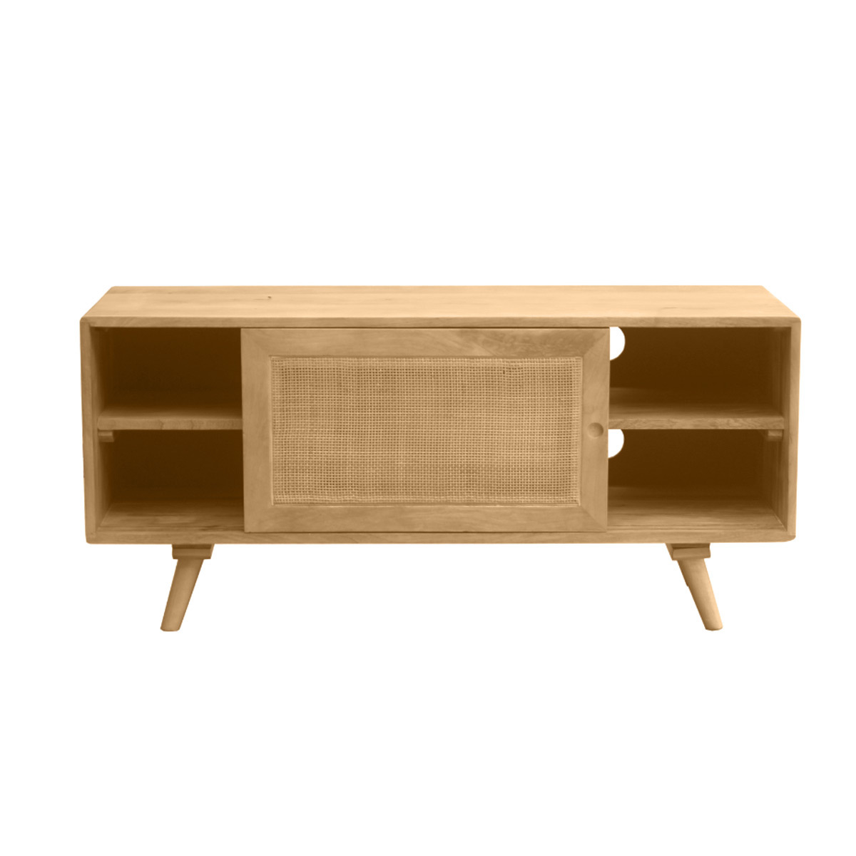 Meuble TV en bois manguier massif et cannage rotin L110 cm ACANGE chêne clair, MILIBOO