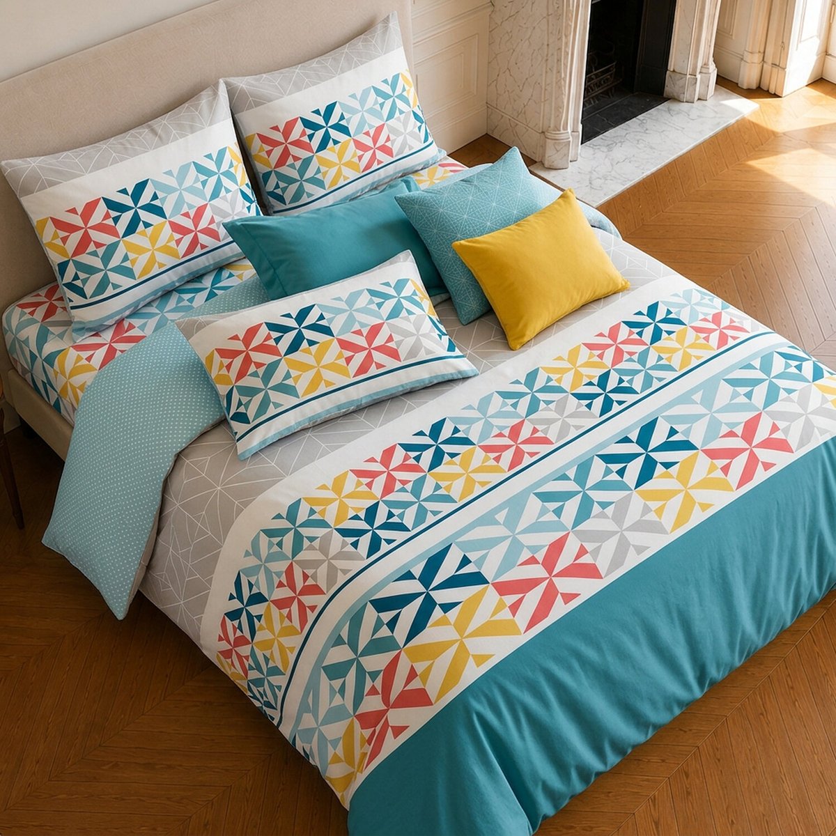 Parure de lit en coton motif géométrique, BLUEBERRY turquoise, C DESIGN HOME TEXTILE
