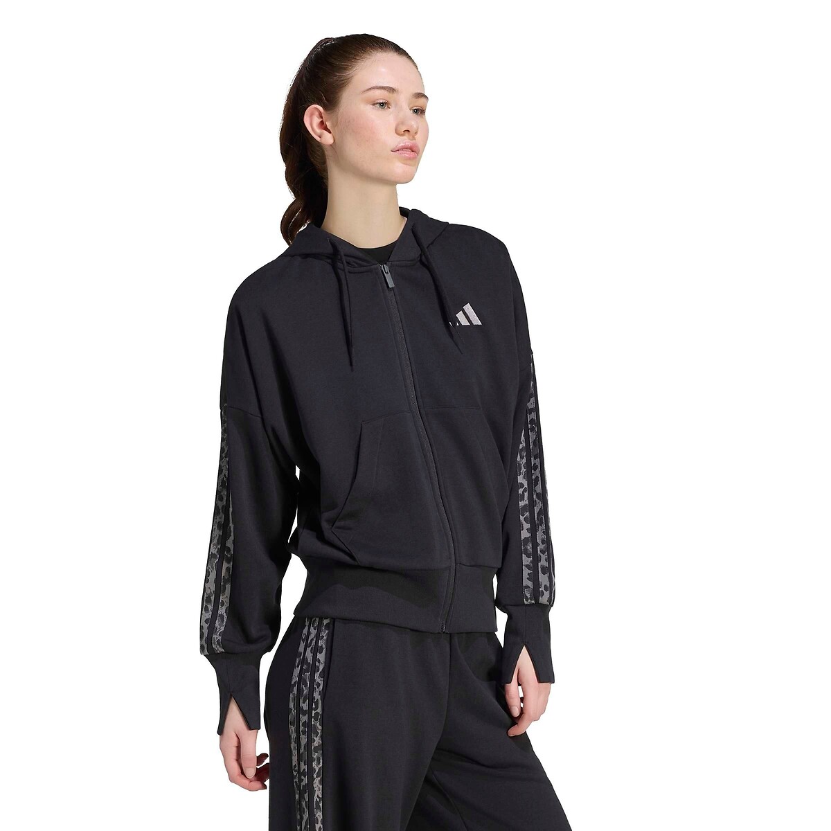 Sweat zippé à capuche manches longues imprimées léopard Essentials noir, ADIDAS SPORTSWEAR