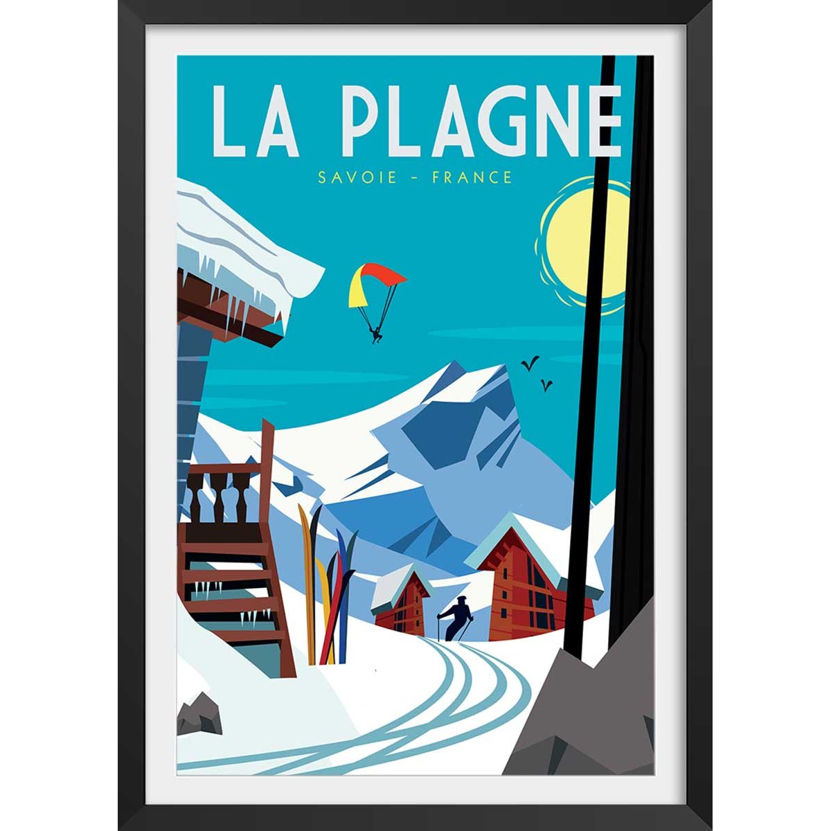 Poster de belle plagne affiche + cadre en bois - noir, HEXOA