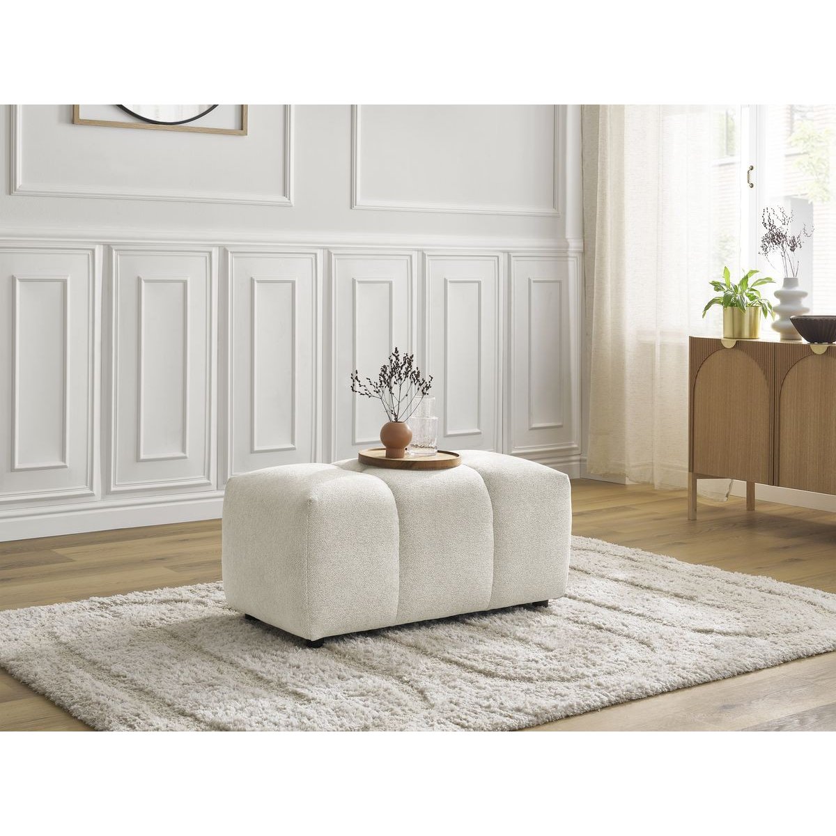 Pouf tissu chiné, ROXELANE blanc, BOBOCHIC