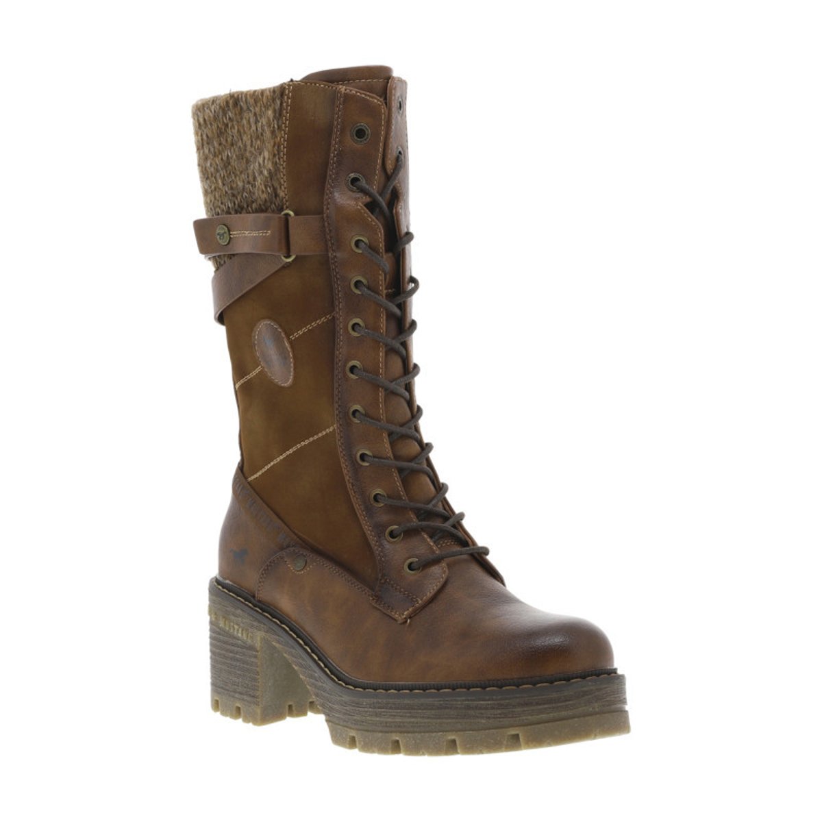 Bottes brunes à talon décroché moyen avec un zip et des lacets ronds brunes, MUSTANG