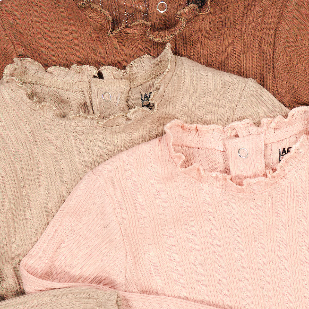 Pack of 3 Bodysuits in Cotton with Long Sleeves and Ruffle Collar assorted, LA REDOUTE COLLECTIONS