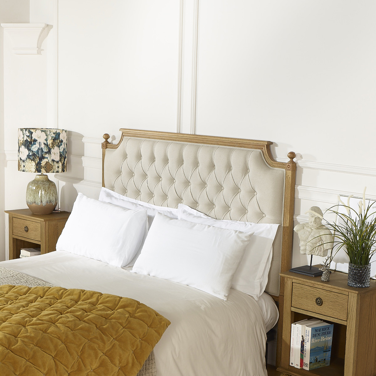 Tête de lit 160 cm style shabby chic en chêne et lin VENICE ficelle, ROBIN DES BOIS