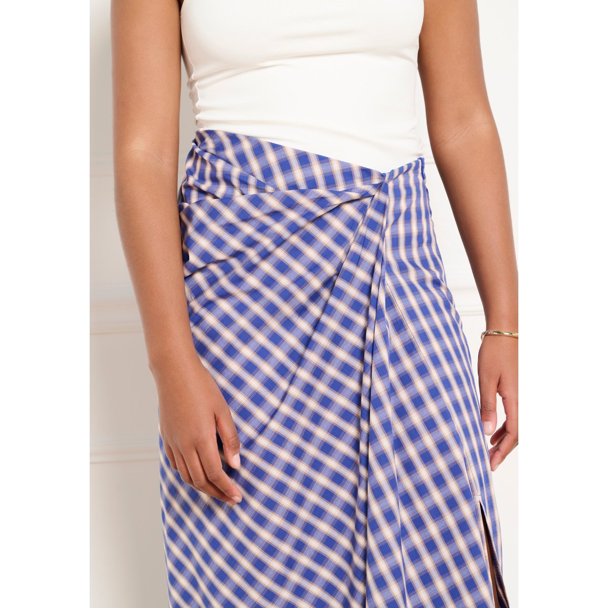 Jupe midi drapée à carreaux bleu electrique, LOLALIZA