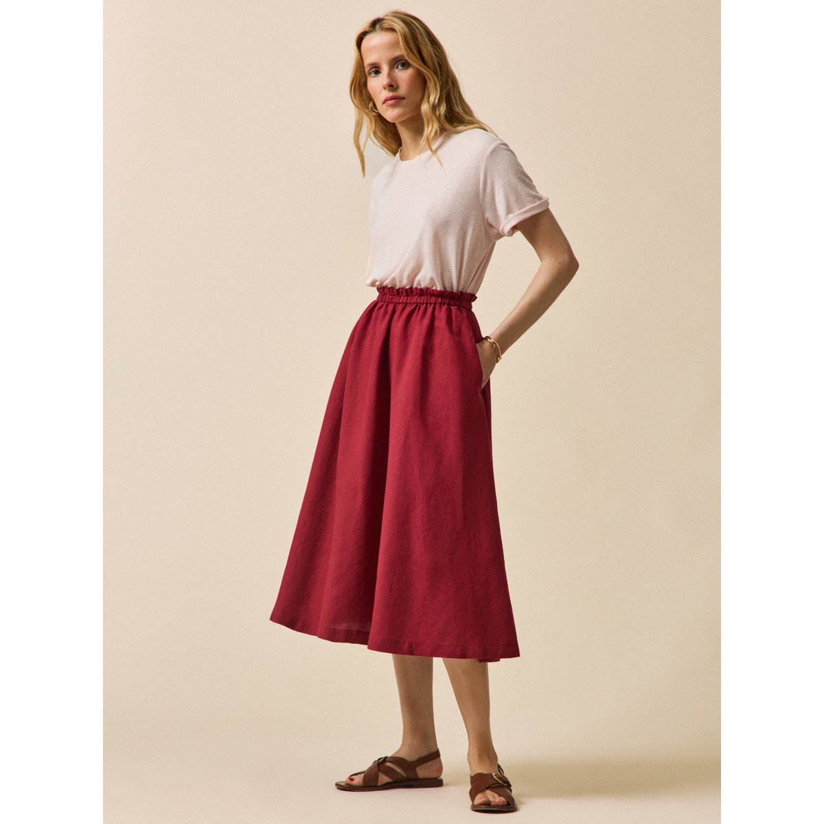 Jupe mi-longue lin et viscose carmin, CYRILLUS