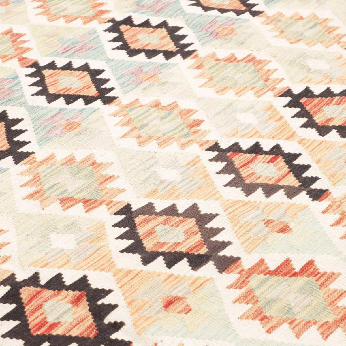 Tapis kilim géométrique, tissé à plat, laine naturelle, KILIM 61 multicolore, crème, orange, UN AMOUR DE TAPIS