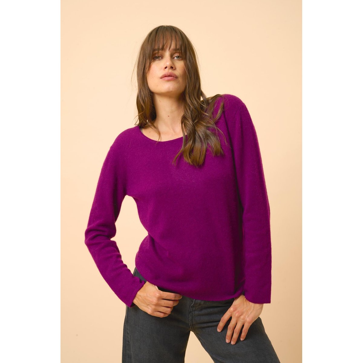 Pull Col Bateau Prune Fiona violet foncé, JUST CASHMERE