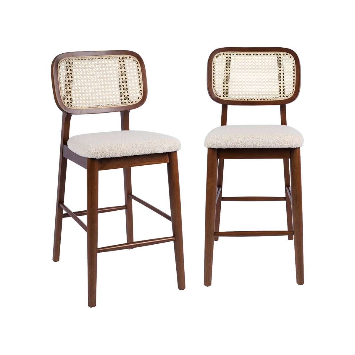 Tabouret de bar bois d'hévéa cannage et bouclette 66,5cm (lot de 2) MANI noyer, SWEEEK