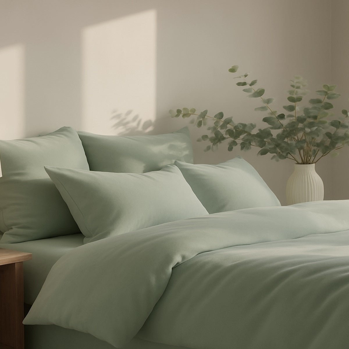 Parure + taies 65x65 satin lavé de coton bio GAIA Made in Europe vert céladon, FEBRONIE