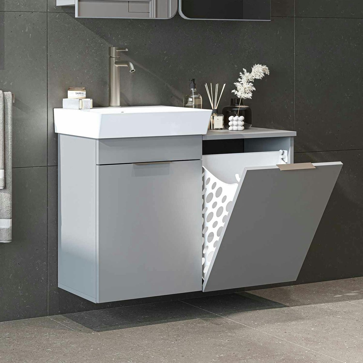 Vasque suspendue + meuble panier à linge NESSA gris, PIER IMPORT