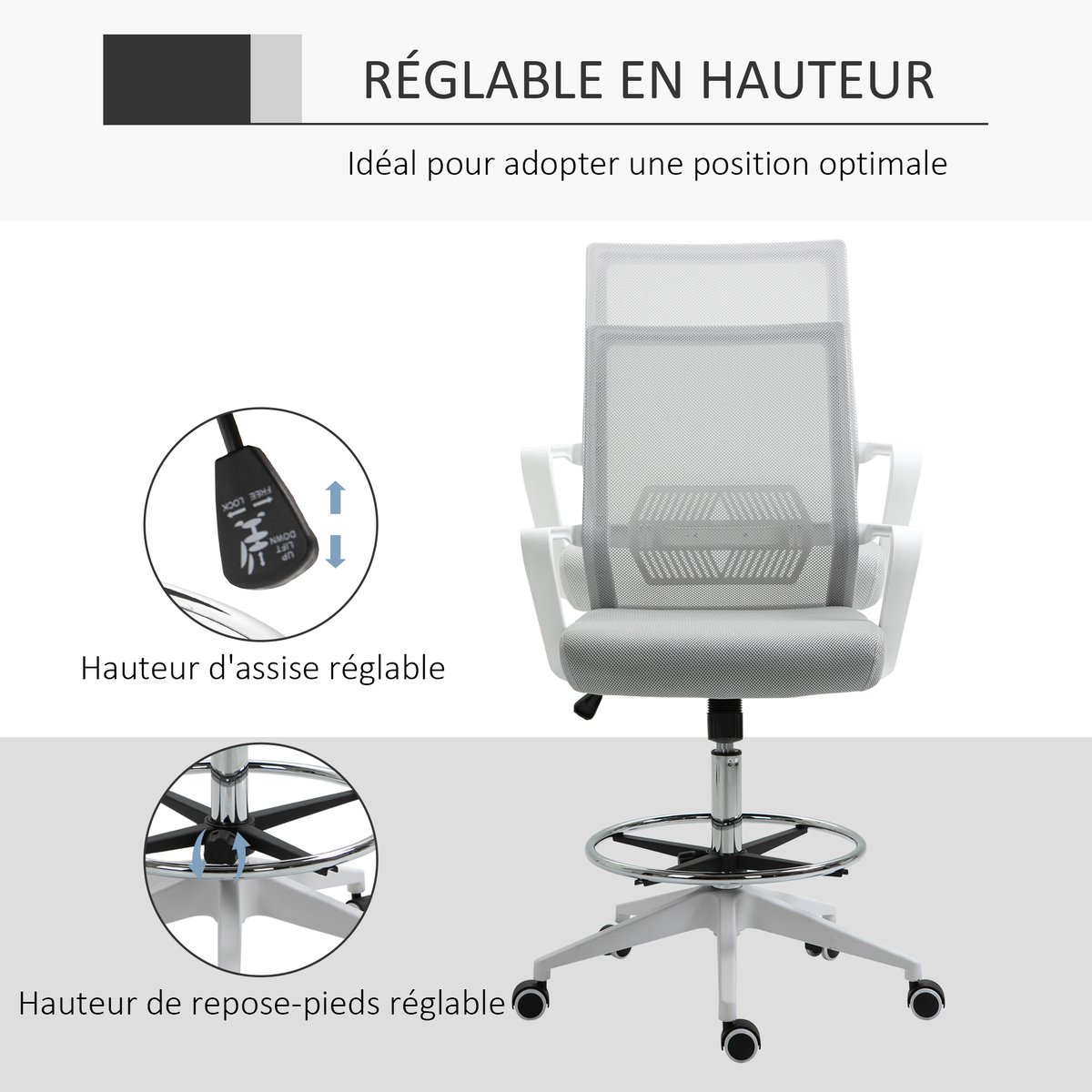 Chaise de bureau pour poste de travail debout gris et blanc, HOMCOM