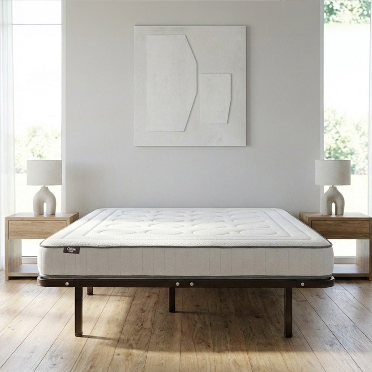 Ensemble Matelas Mémoire de forme CRISTAL avec Cadres à lattes blanc, OLYMPE LITERIE