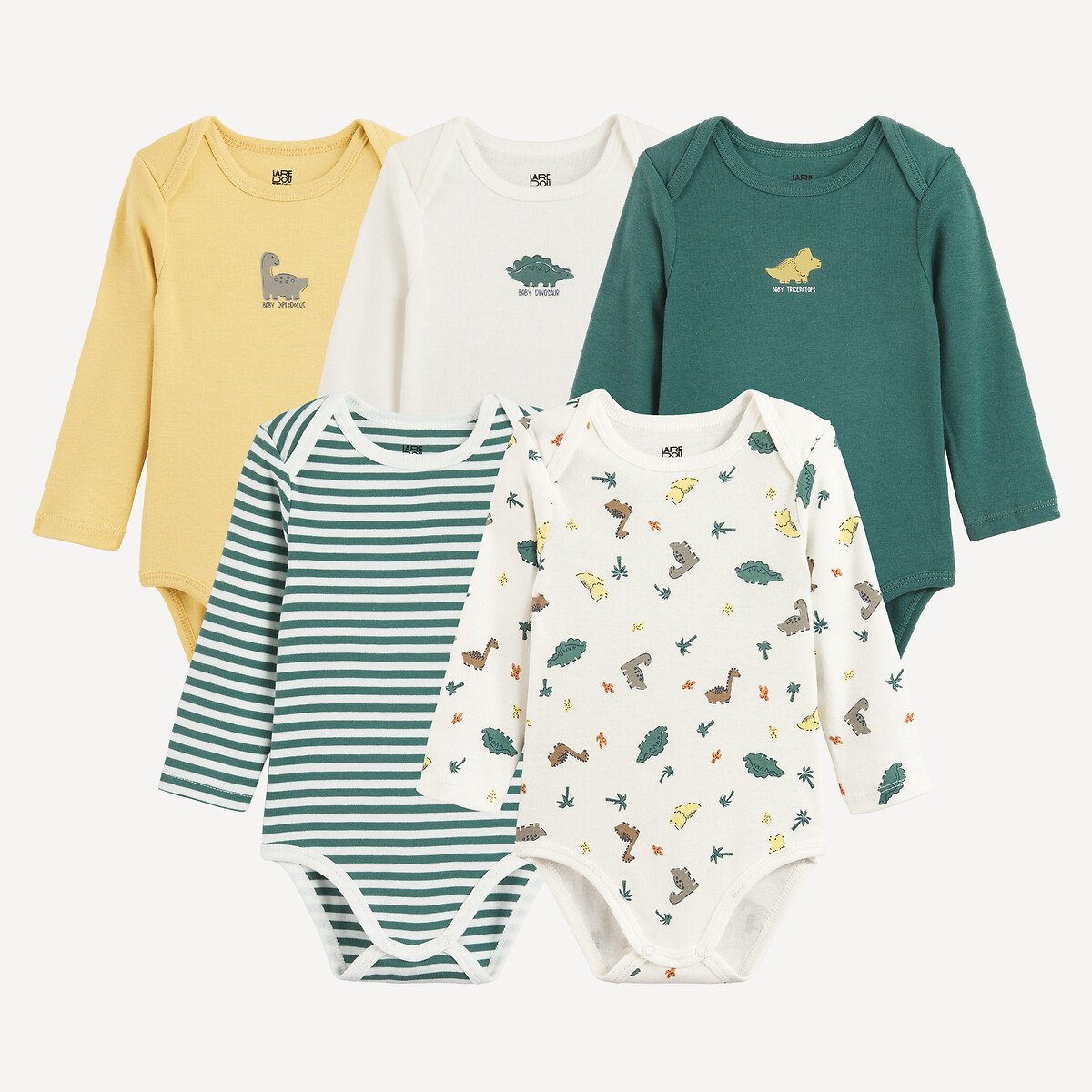 Pack of 5 Dinosaur Print Long Sleeve Cutaway Shoulder Bodysuits assorted, LA REDOUTE COLLECTIONS