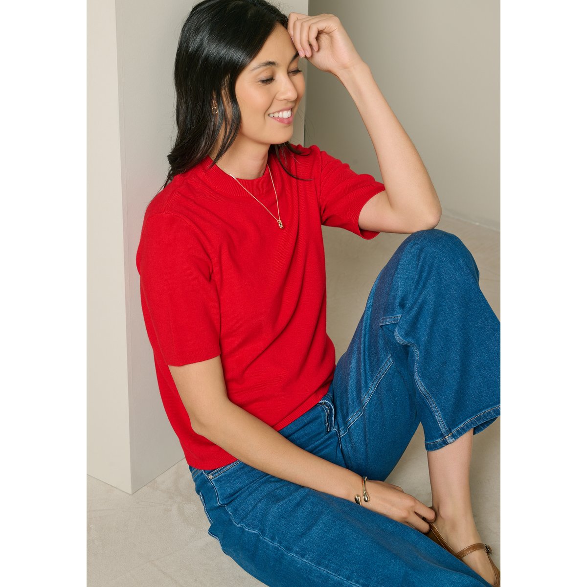 Pull manches courtes col rond rouge, LOLALIZA