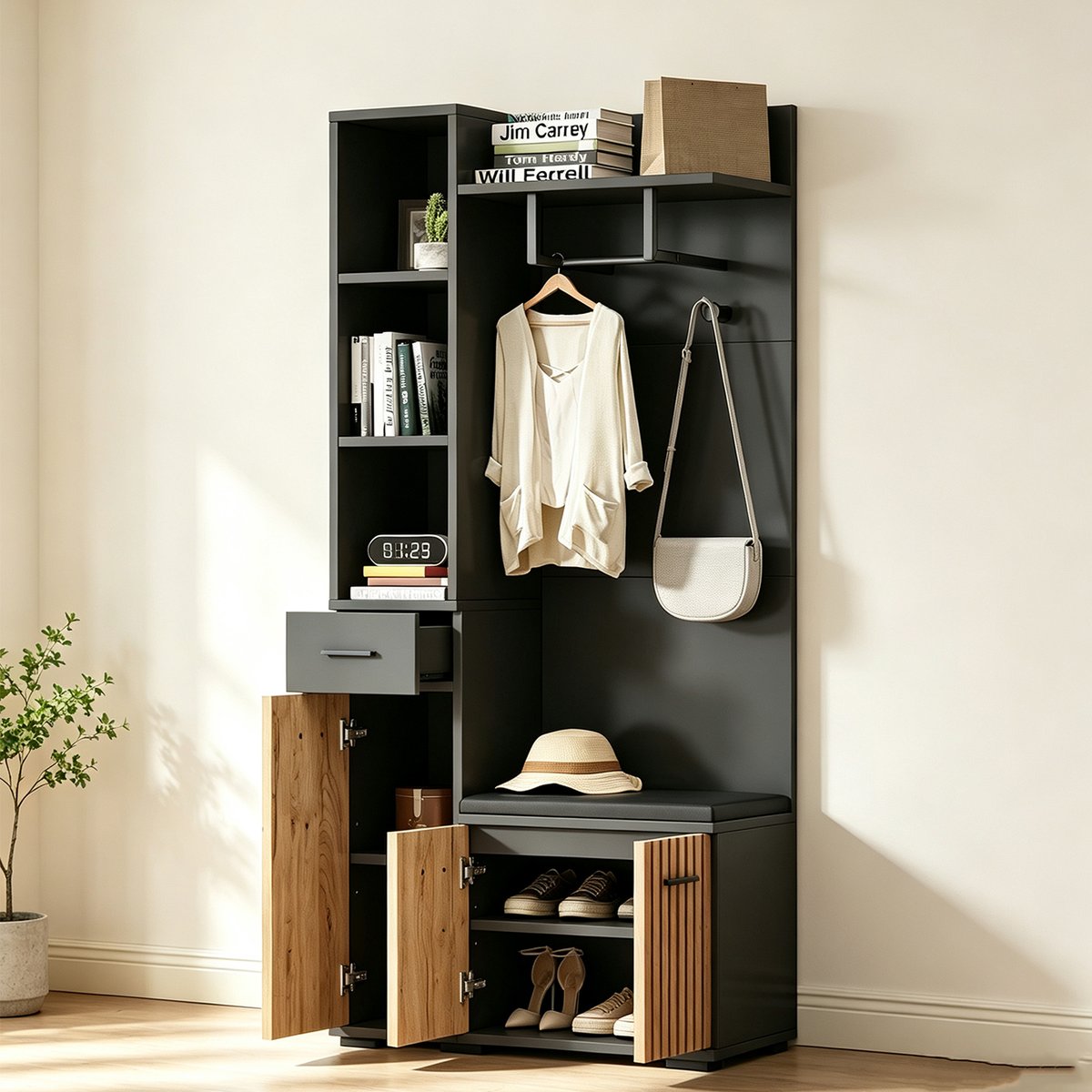 Vestiaire d'entrée avec banc et rangement, PORTER-M noir, MEUBLES COSY