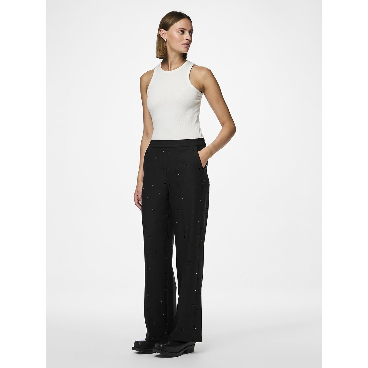 Wide Leg Trousers with High Waist and Diamanté Detailing black, PIECES