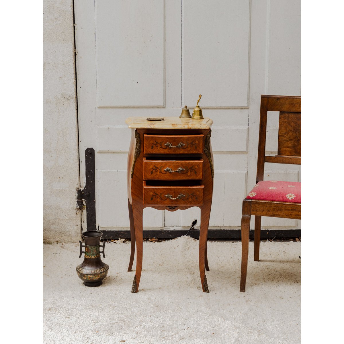 Meuble d'appoint en bois et marbre Francine N°963 - Bon état bois foncé, DEBONGOUT