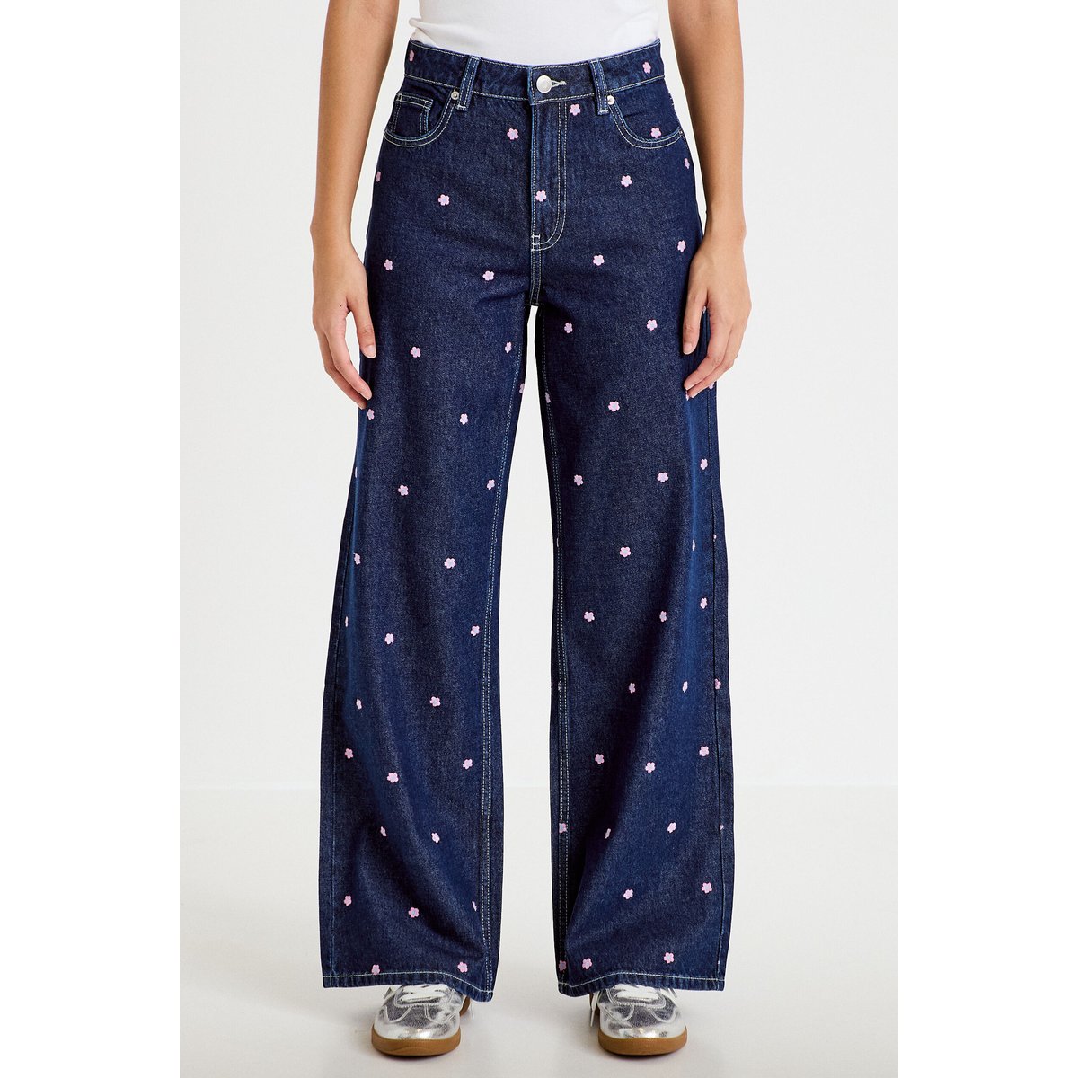 Jean wide leg taille haute brodé bleu foncé, CACHE CACHE