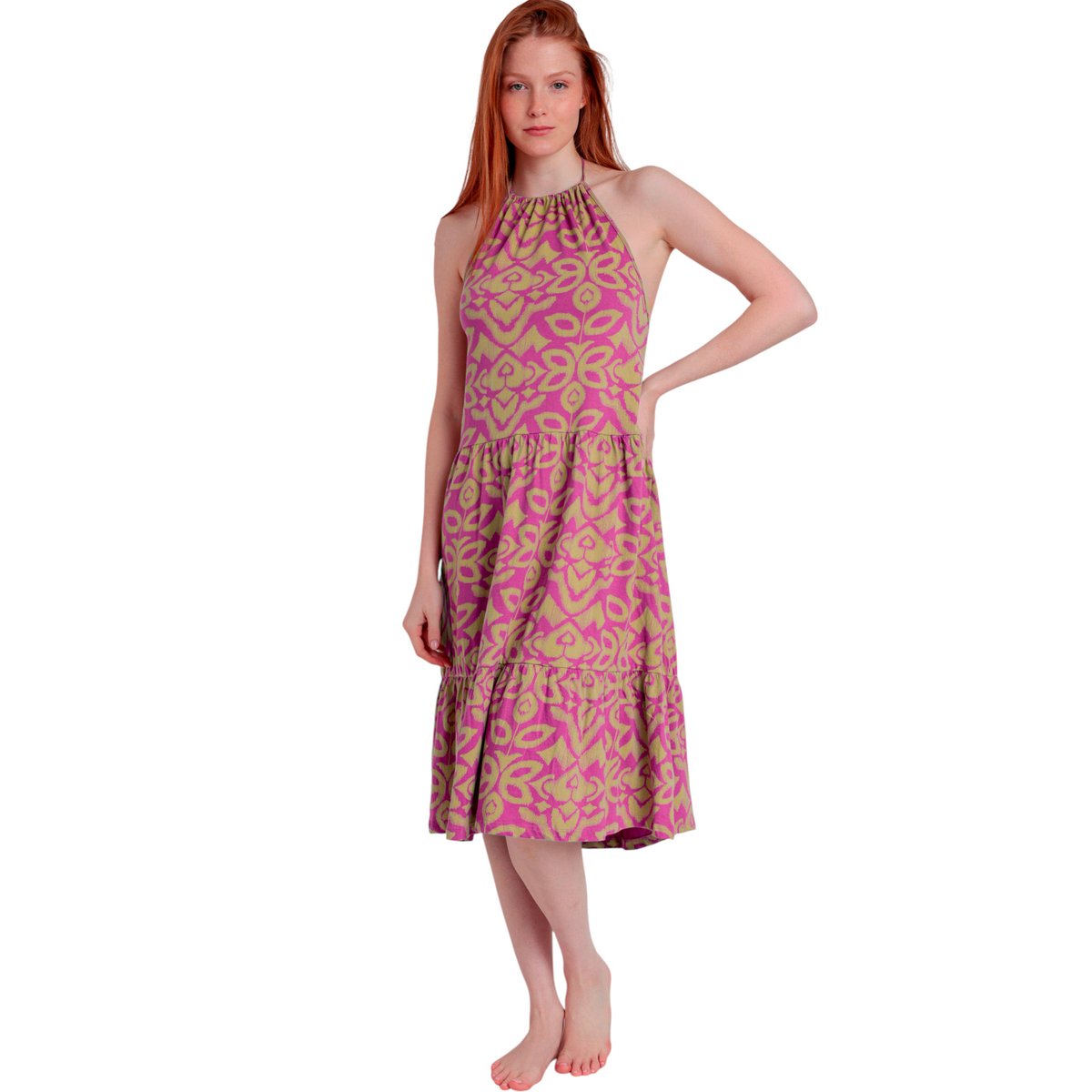 Robe estivale mi-longue dos nu Pink And Green violet, ADMAS