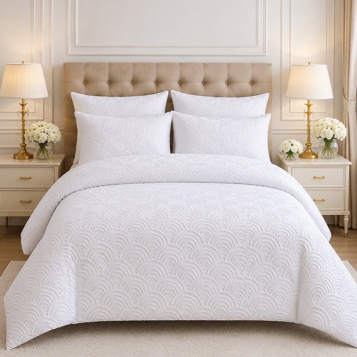 Parure de lit microfibre jacquard effet éventails blanc, TILA blanc, C DESIGN HOME TEXTILE