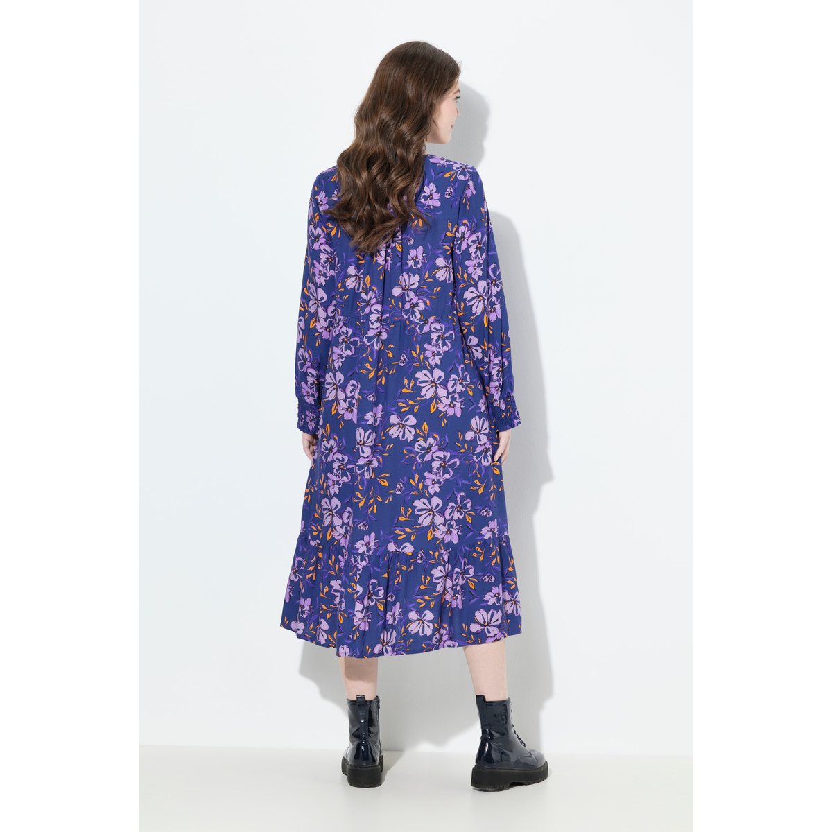 Robe midi à fleurs, coupe évasée bleu foncé, ULLA POPKEN