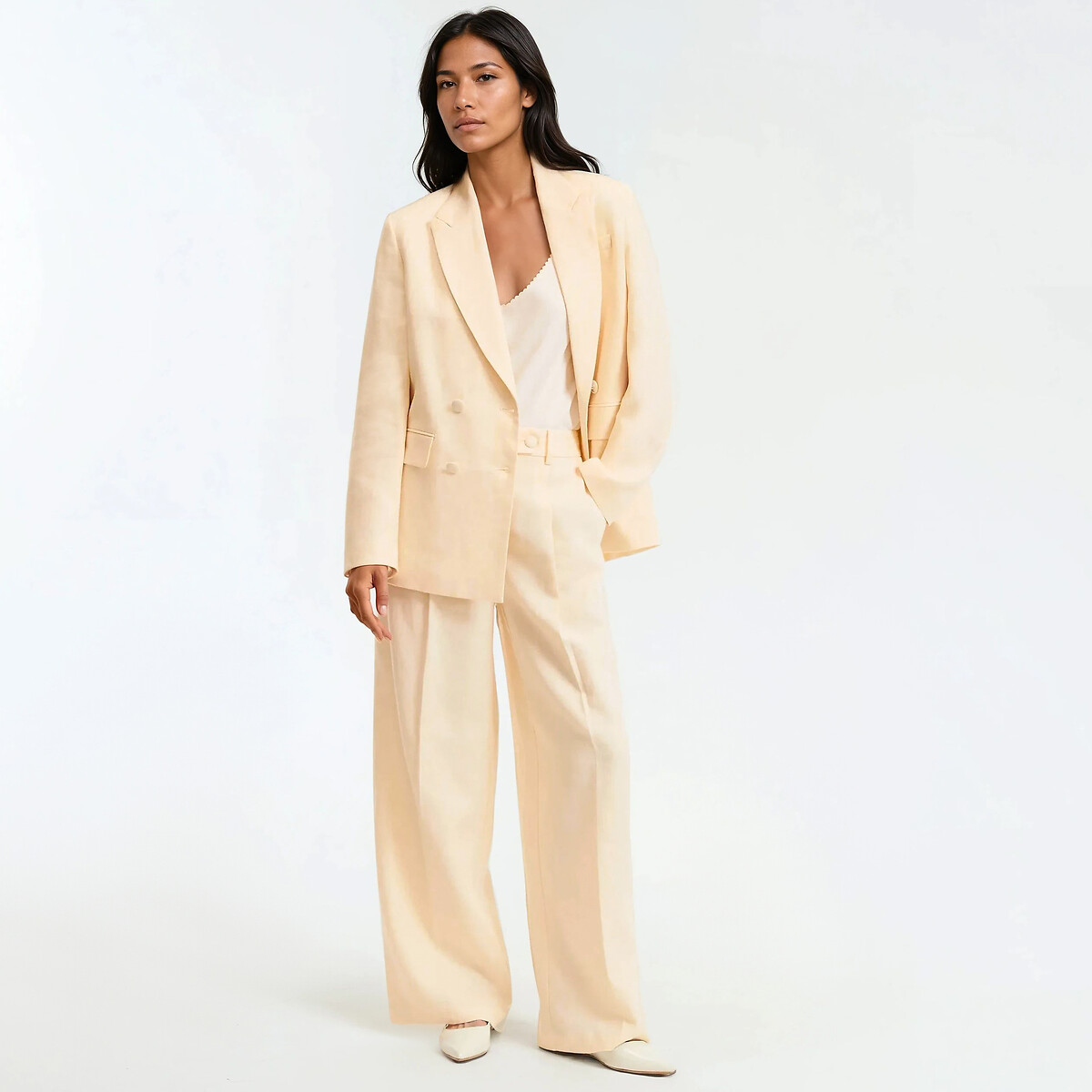 Blazer croisé coupe ample en lin jaune pastel, LA REDOUTE COLLECTIONS