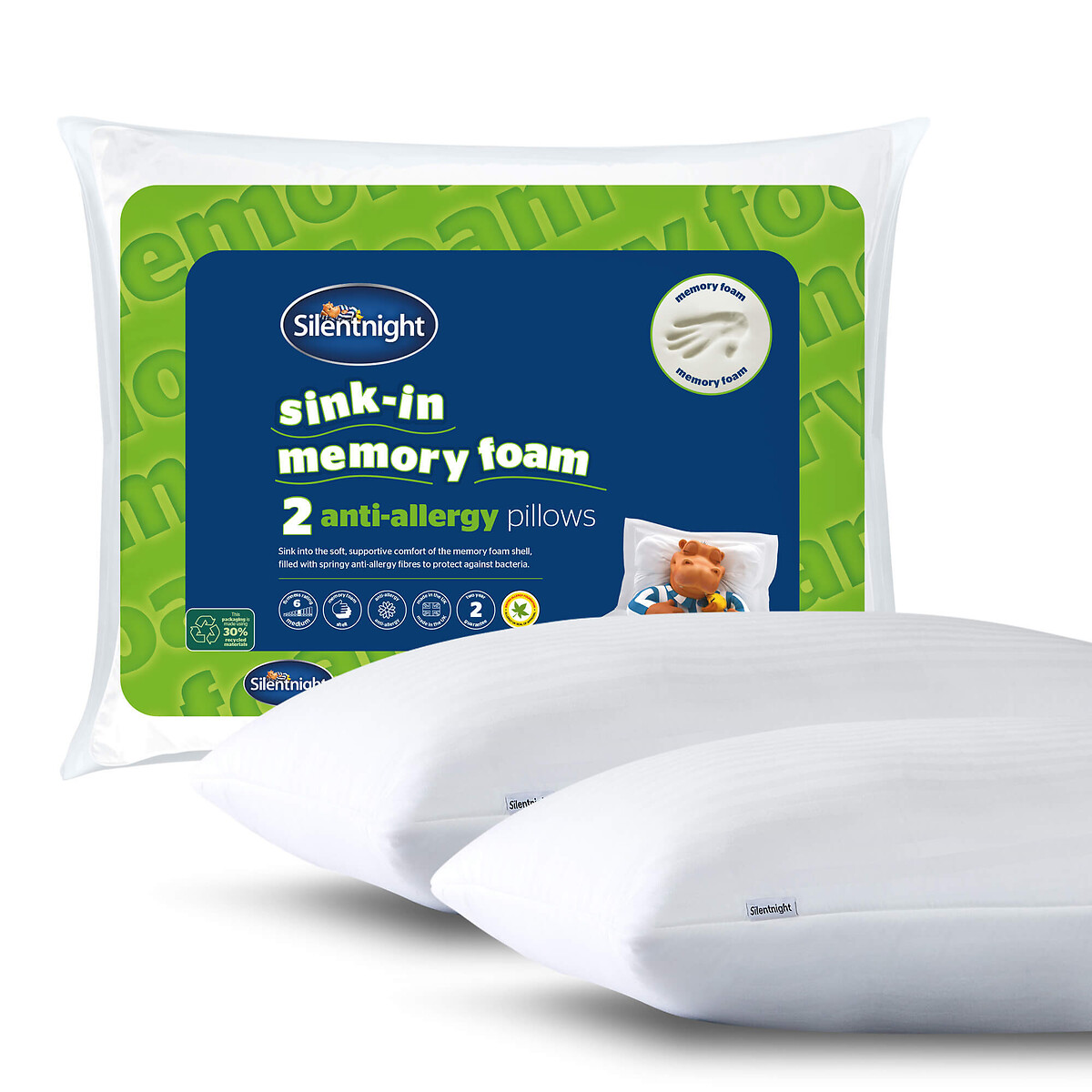 Sink-In Anti Allergy Memory Foam Pillow - 2 Pack white, SILENTNIGHT