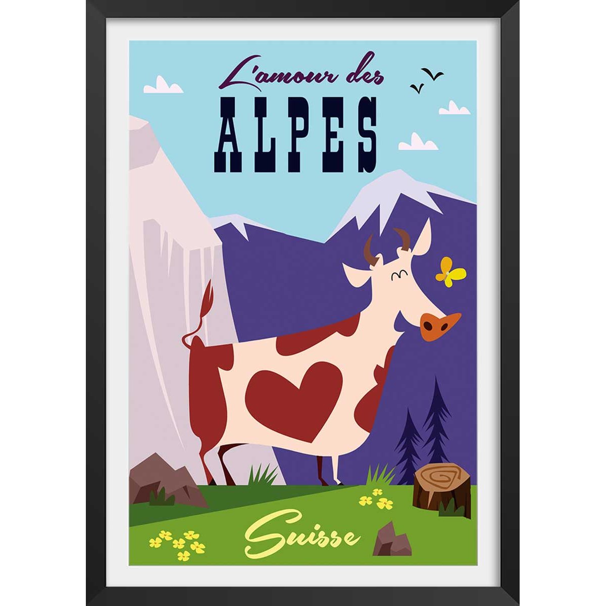 Poster de l'amour des alpes suisse affiche + cadre en bois - noir, HEXOA
