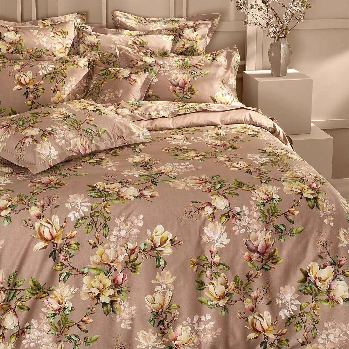Drap plat satin de coton MAGNOLIAS rose fume, GARNIER THIEBAUT