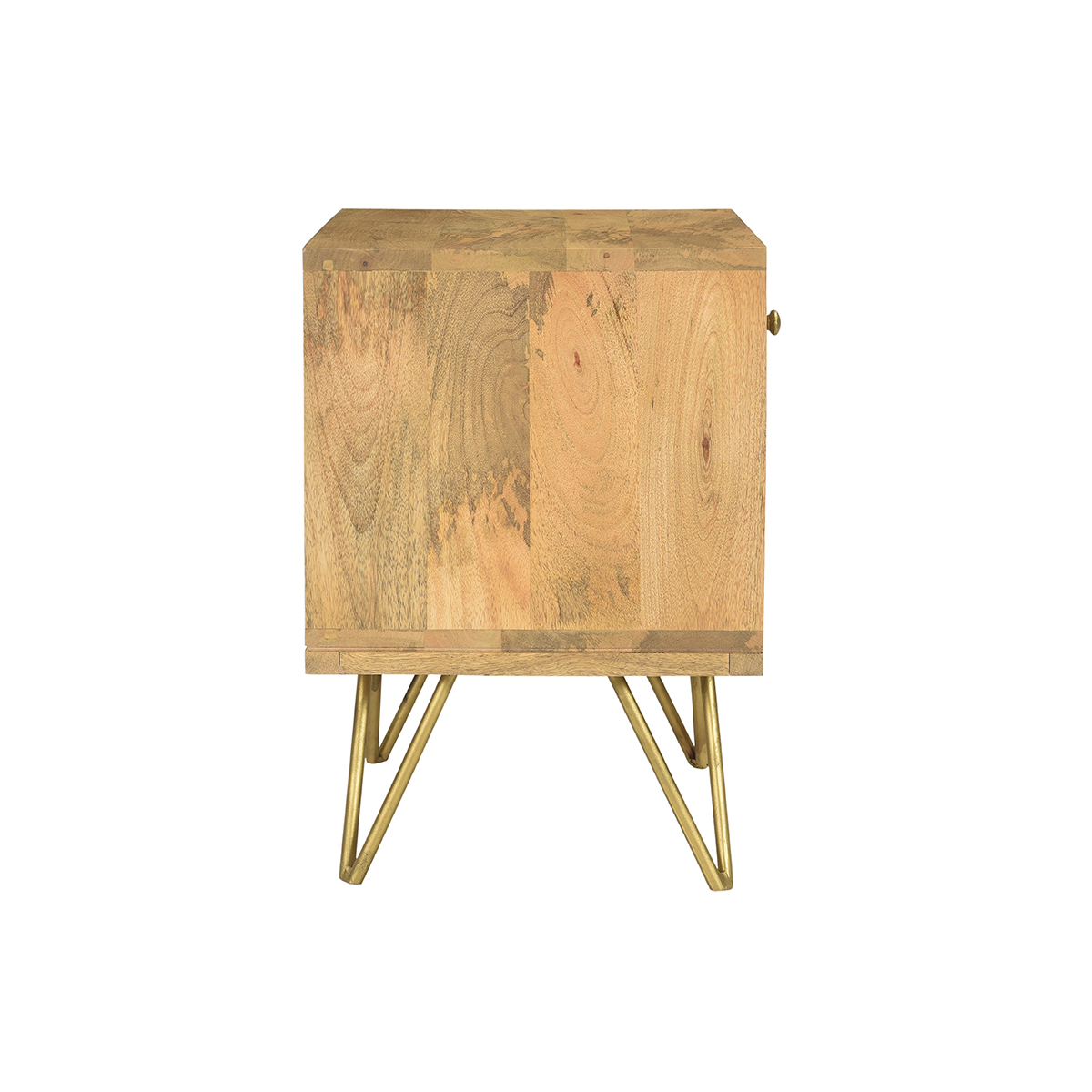 Table de chevet avec rangements bois manguier massif gravé et métal doré LINIUM naturel, MILIBOO