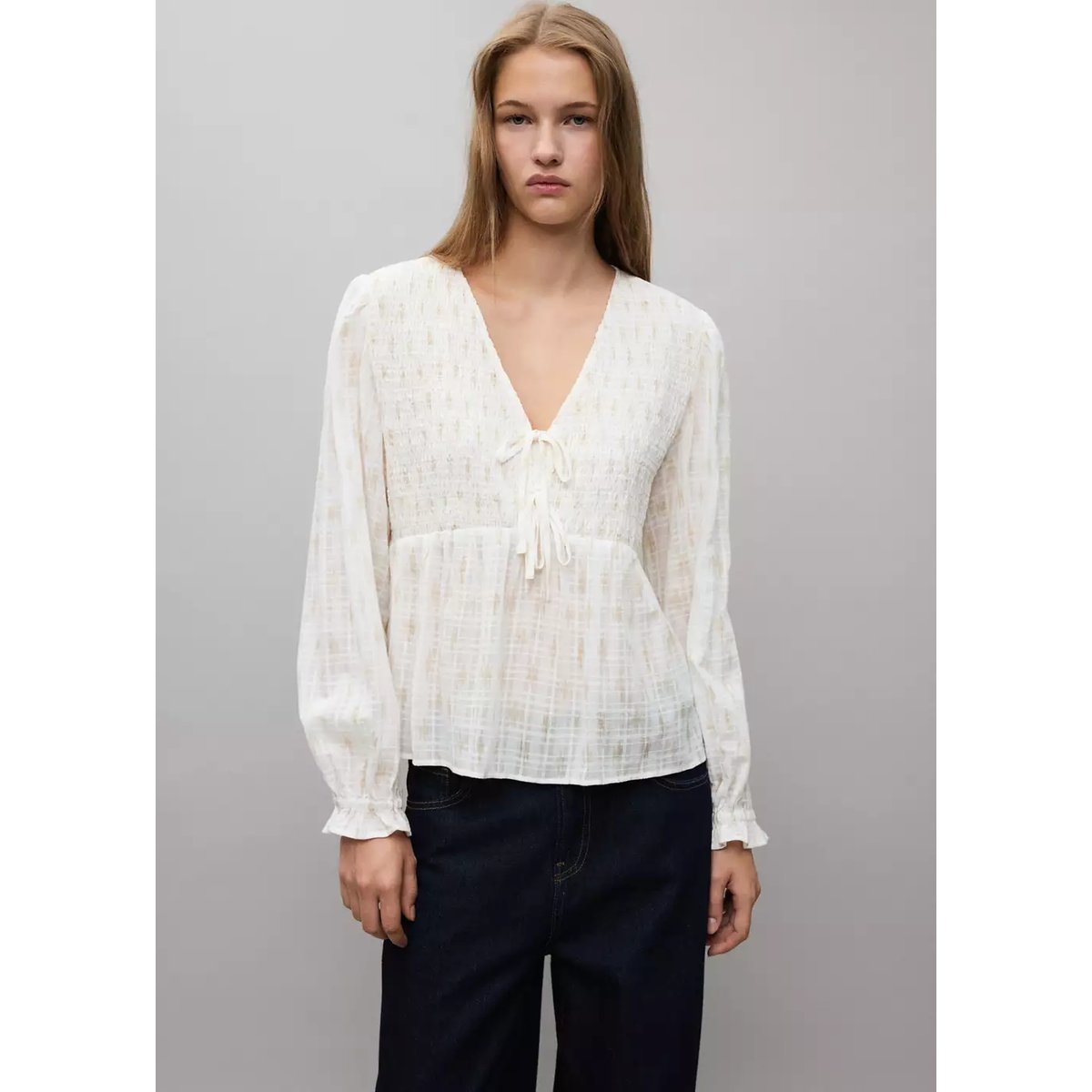 Chemise 100 % coton froncé blanc cassé, MANGO TEEN