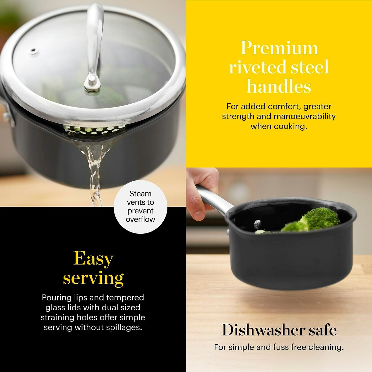 3-Piece Hard Anodized Saucepan Set black, GOOD FOOD BY TOWER