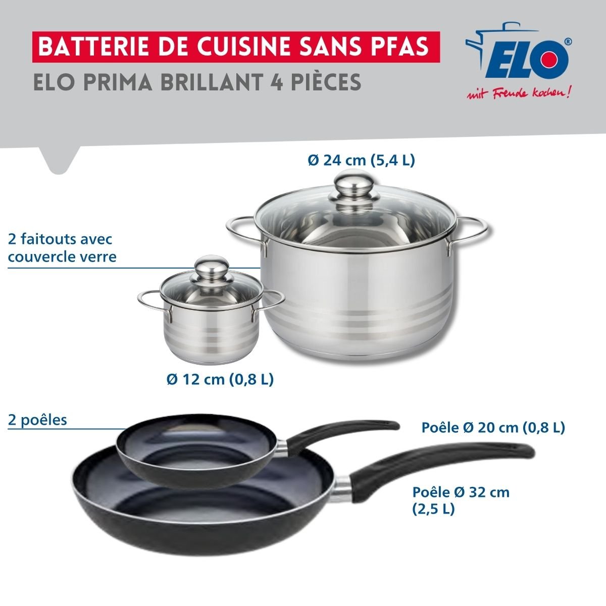 Batterie 2 poêles 20/32cm + 2 faitouts 12/24cm PRIMA BRILLANT noir, ELO