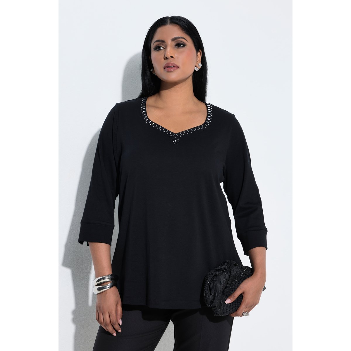 T-shirt en coton Pima, strass fantaisie noir, ULLA POPKEN