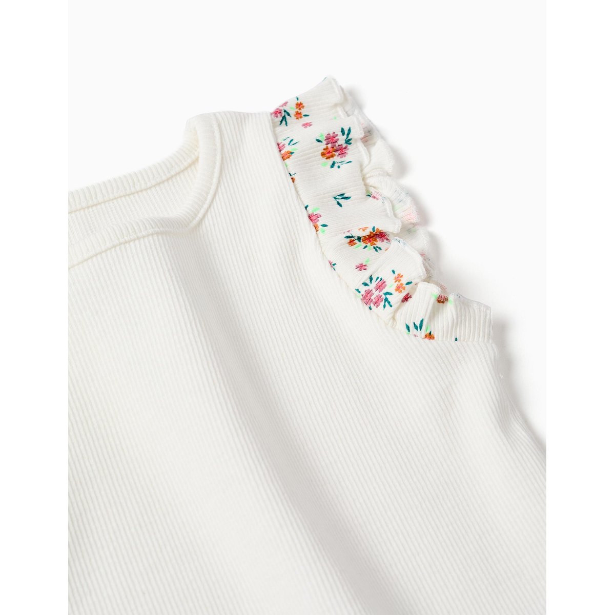 T-shirt en coton côtelé avec manches à volants beige clair, ZIPPY