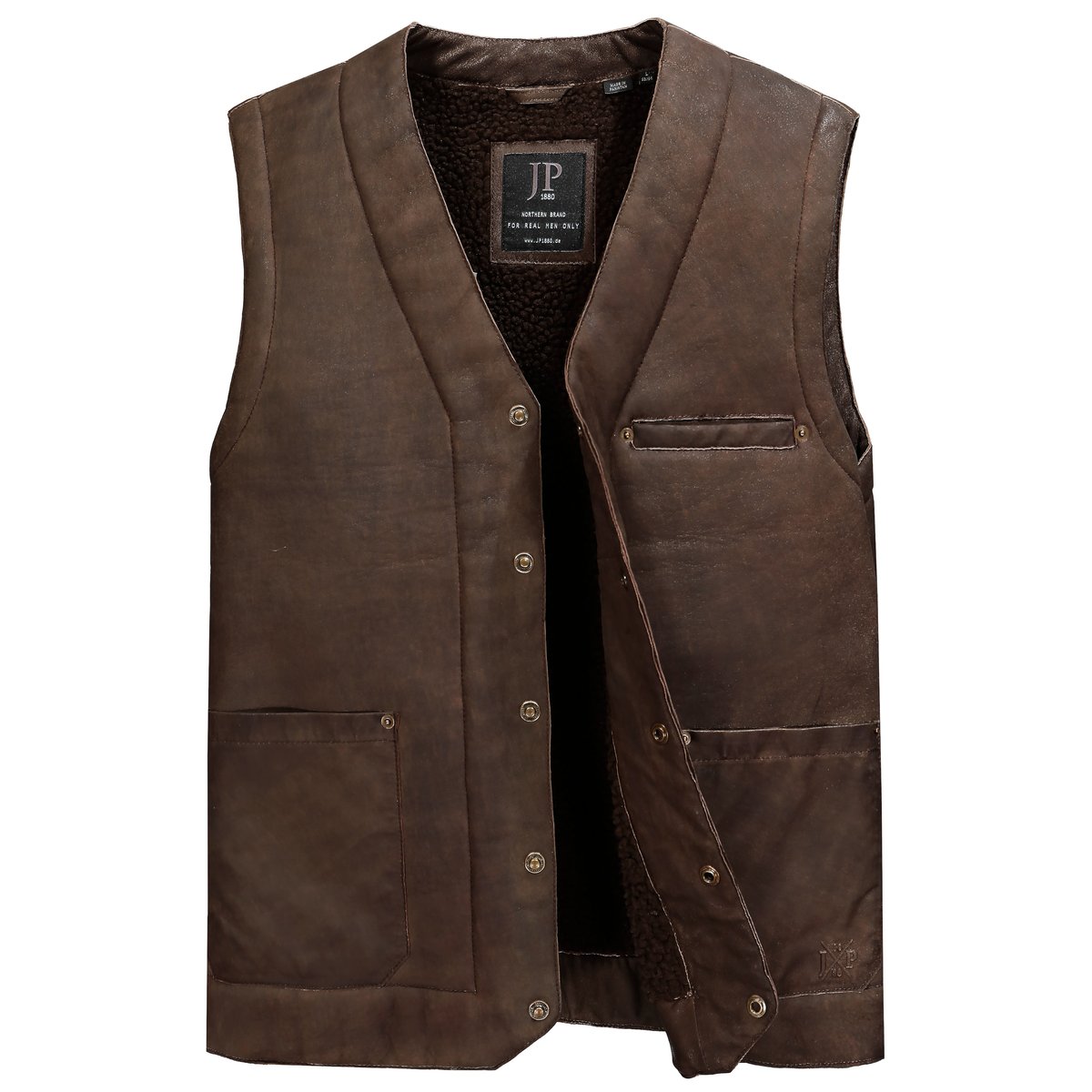 Gilet en cuir véritable, boutons noisette, JP1880