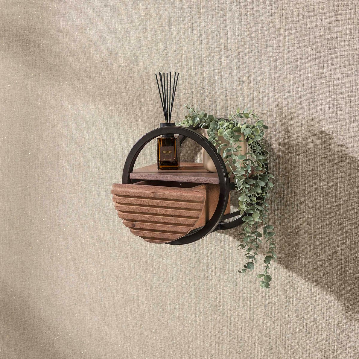 Etagère murale ronde bois d'acacia foncé 1 tiroir Ø30 cm NAKO marron, PIER IMPORT