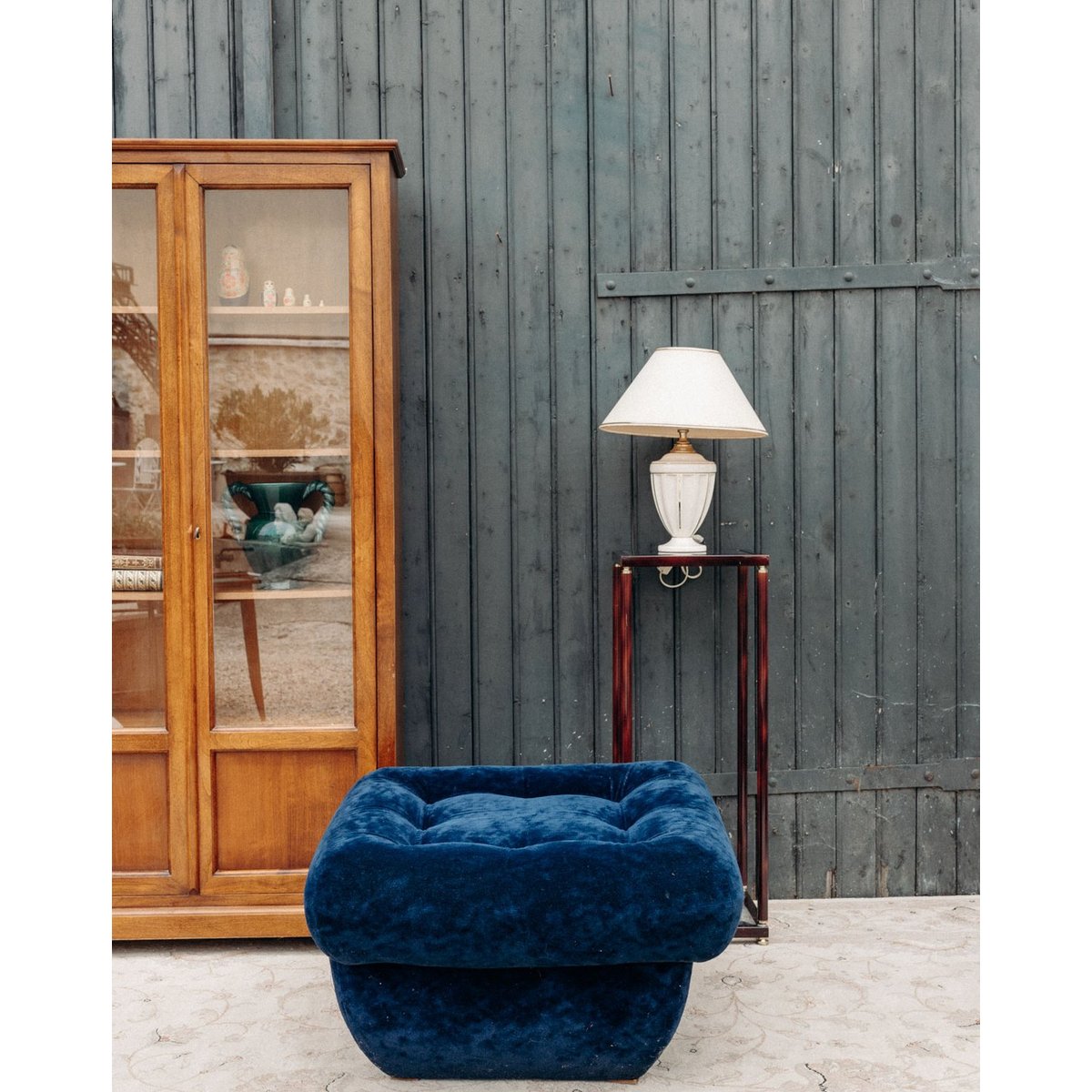 Pouf en velours bleu Jean-Philippe N°93 - Bon état bleu, DEBONGOUT