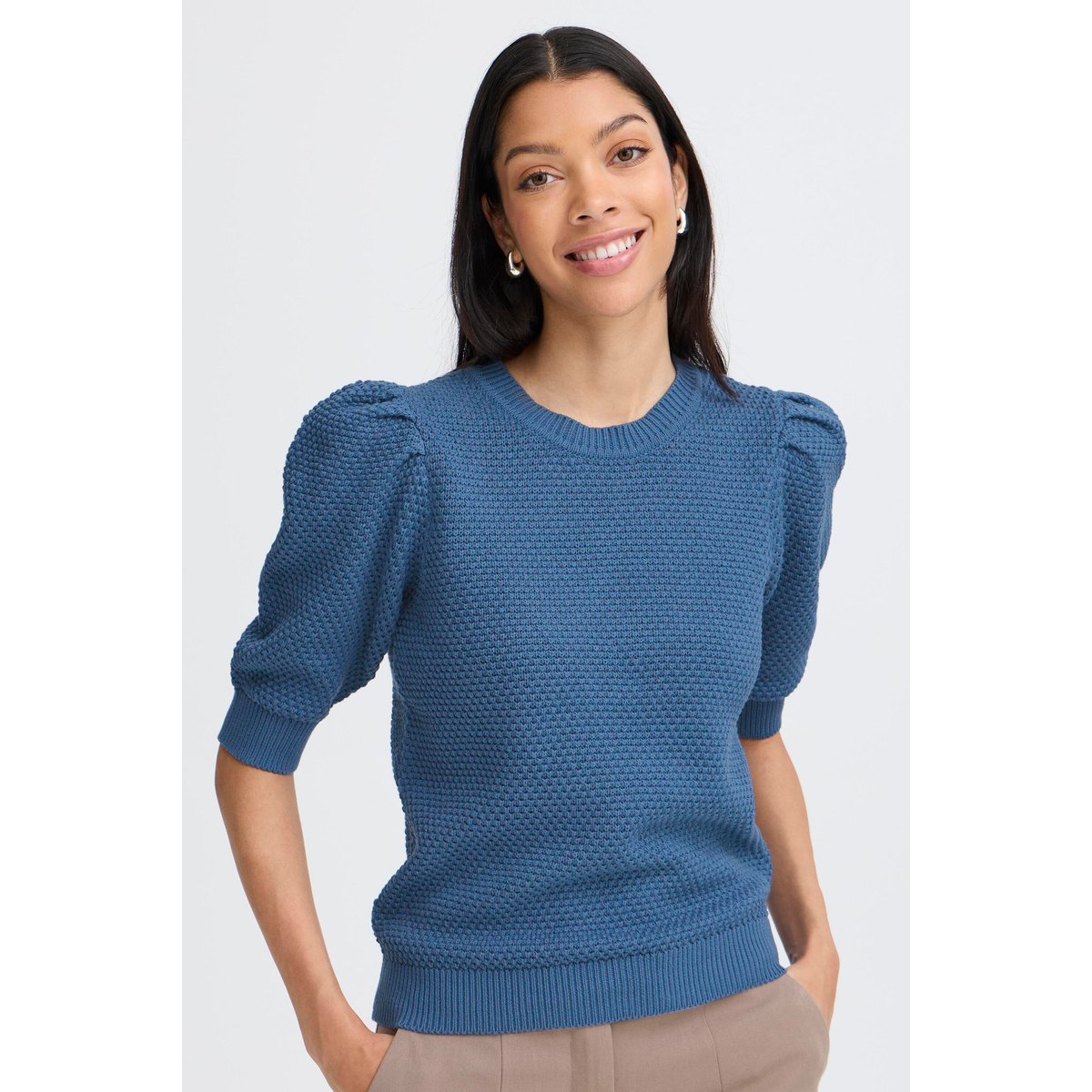 Pull en maille, manches 3/4, col rond bleu true navy, B.YOUNG