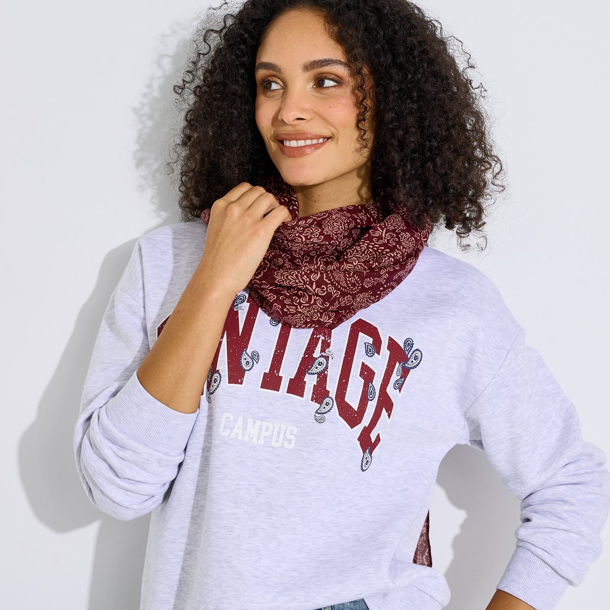 Étole fluide motif cachemire orange bordeaux, GRAIN DE MALICE