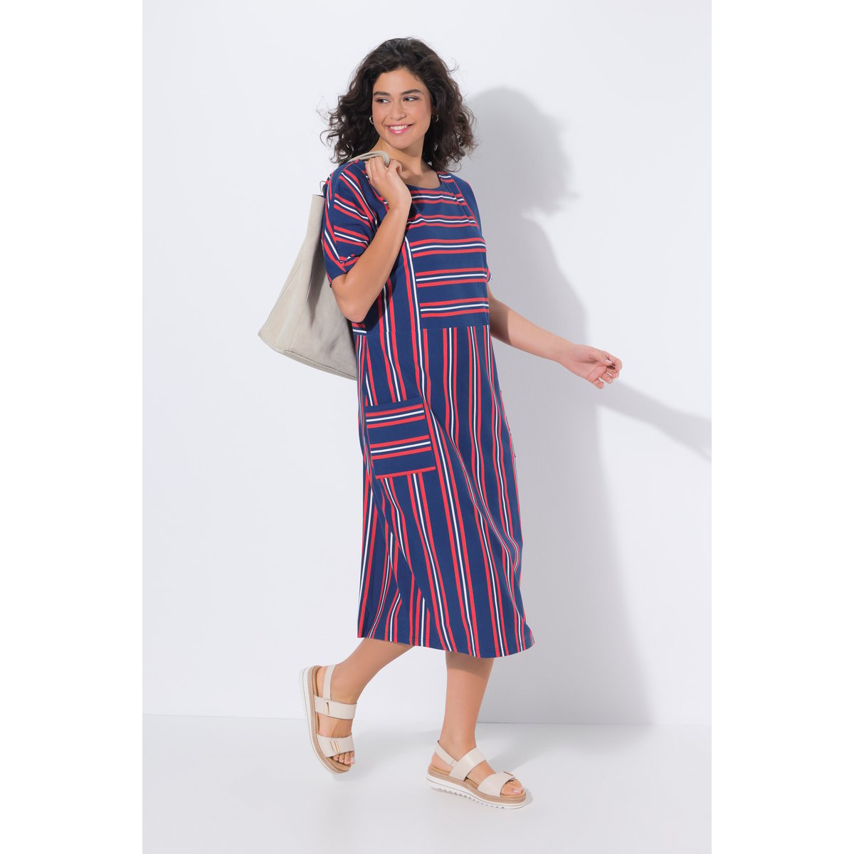 Robe midi en jersey rayé, poches corail, ULLA POPKEN