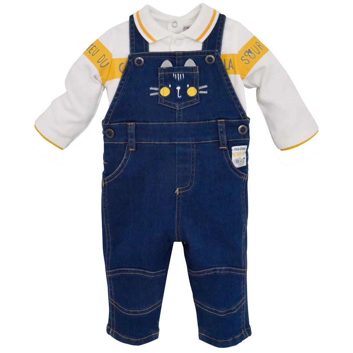 Salopette jean bebe + t-shirt bleu, SUCRE D'ORGE