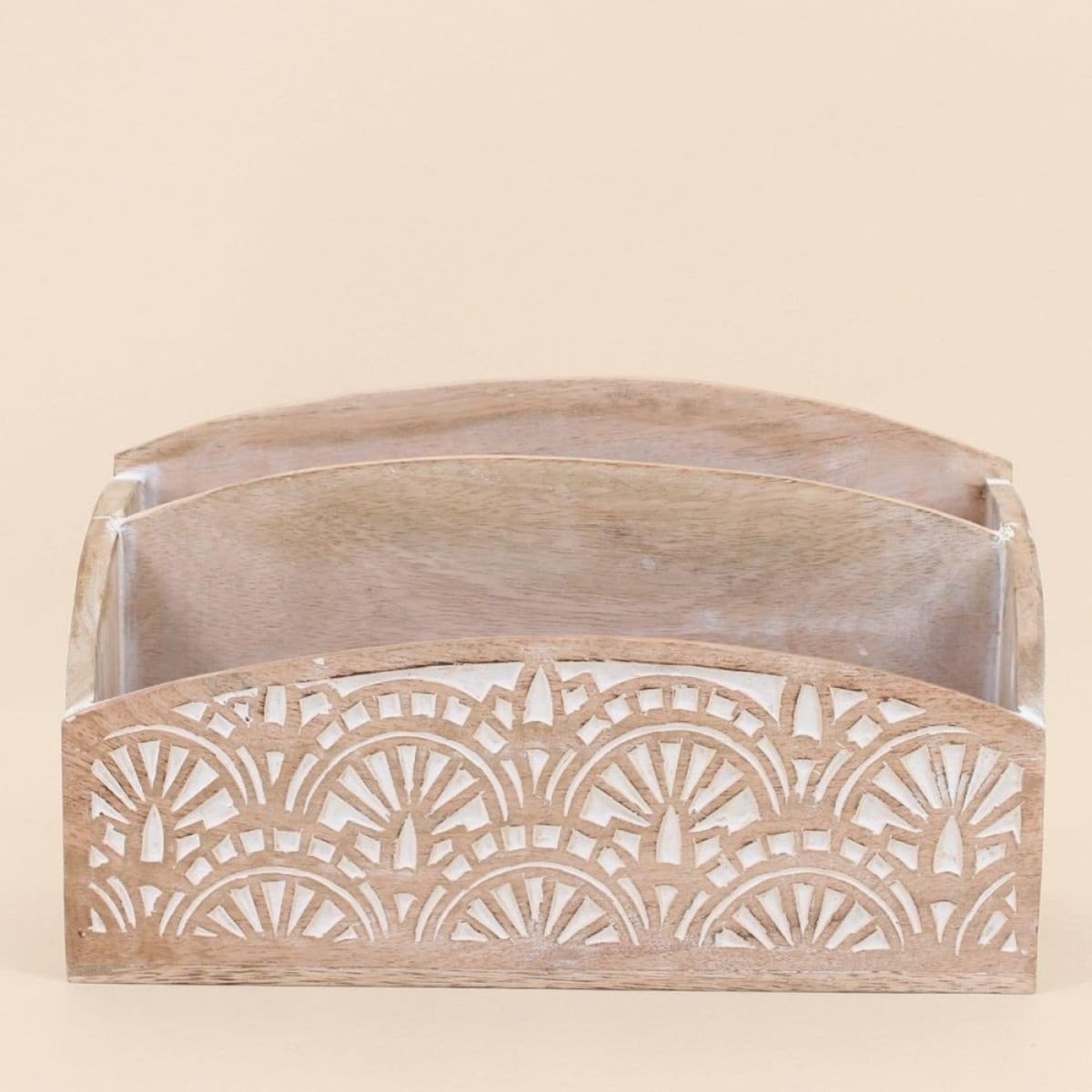 Rangement bureau en manguier gravé 31x18cm naturel, ORNAMI