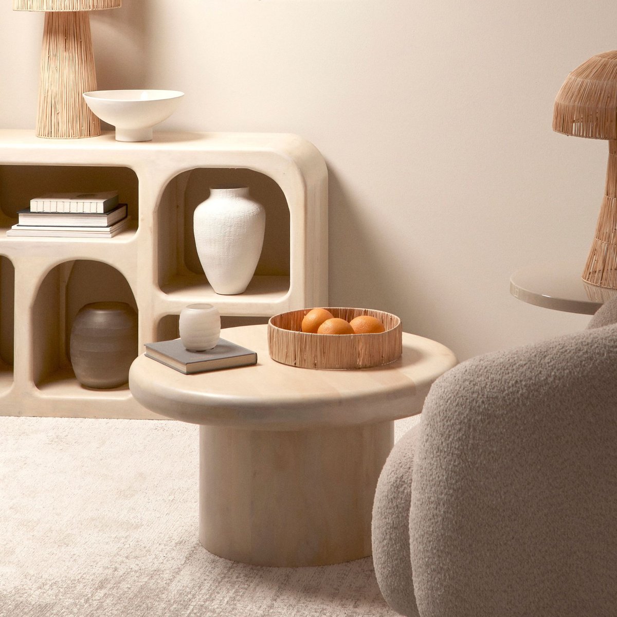 Table basse de salon ronde en bois de manguier D75 - JUAREZ beige, HELLIN, DEPUIS 1862