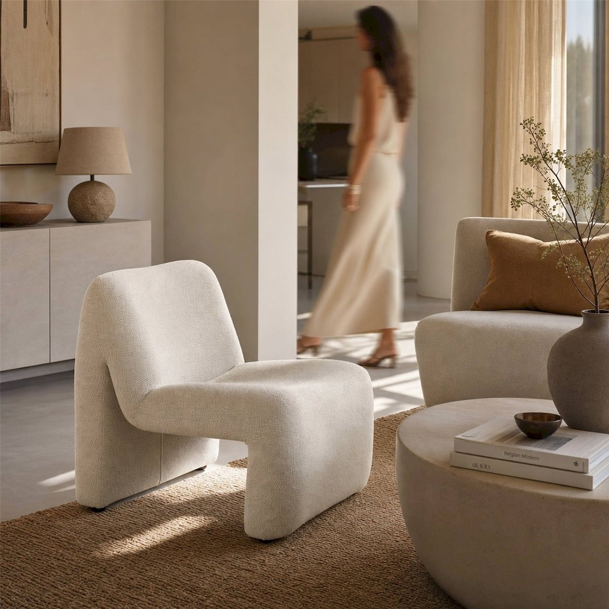 Chaise longue en tissu bouclé écru, RECOLLECTION