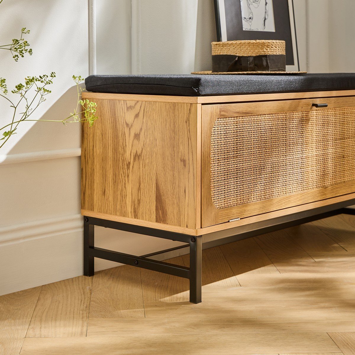 Banc d'entrée avec rangements, façade en rotin L100 cm - JAYA bois clair, CALICOSY