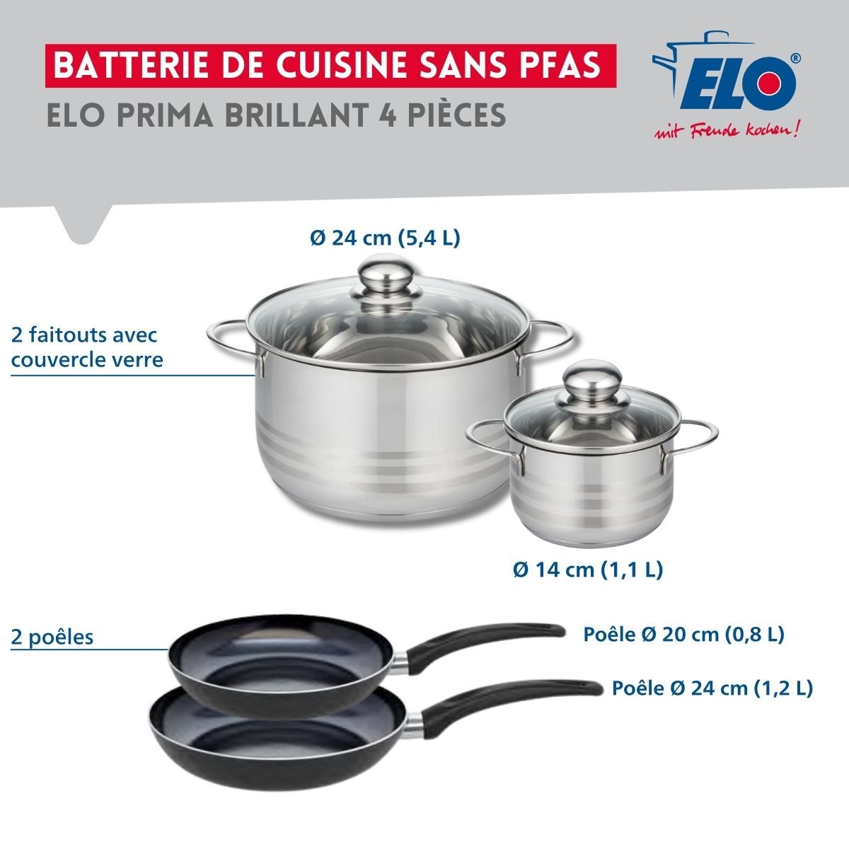 Batterie 2 poêles 20/24cm + 2 faitouts 14/24cm PRIMA BRILLANT noir, ELO