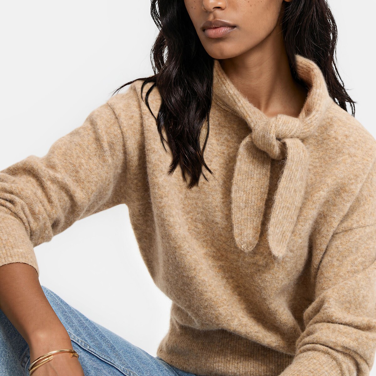 Camisola com cachecol para atar no pescoço bege, LA REDOUTE COLLECTIONS